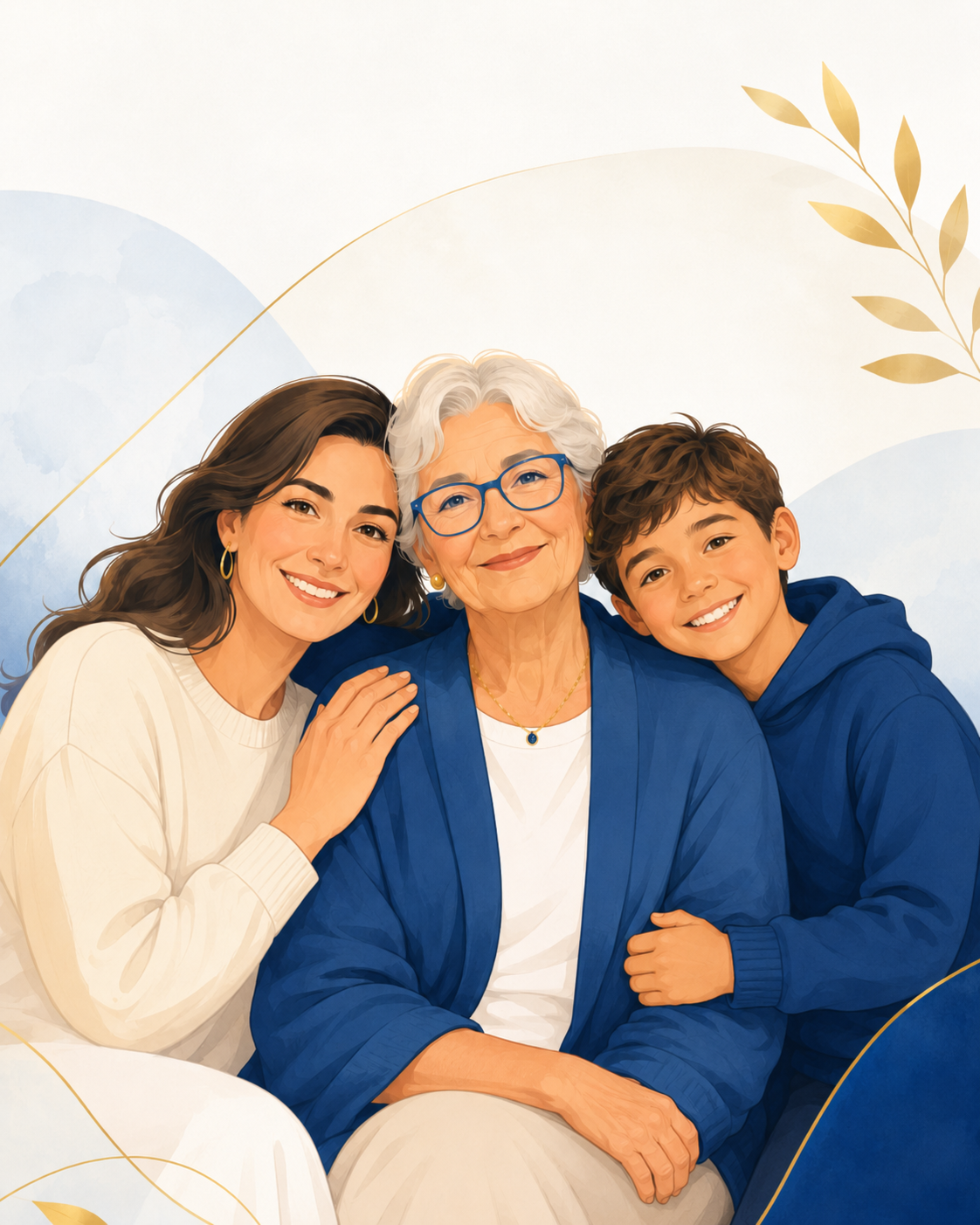 Ilustração de uma idosa sorrindo ao lado da filha e de uma criança